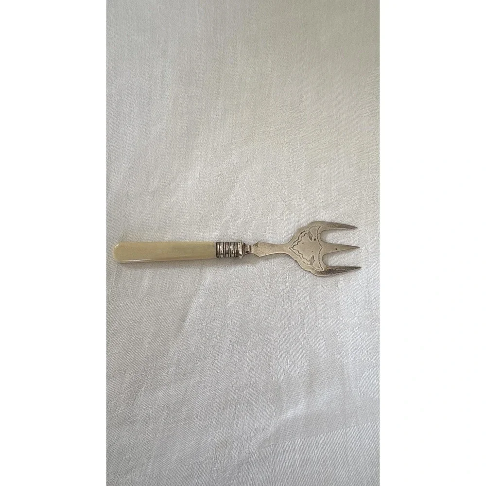 Antique Silverplate Fork 3 Tine Serving Fork Ivory Plastic Handle EPNS